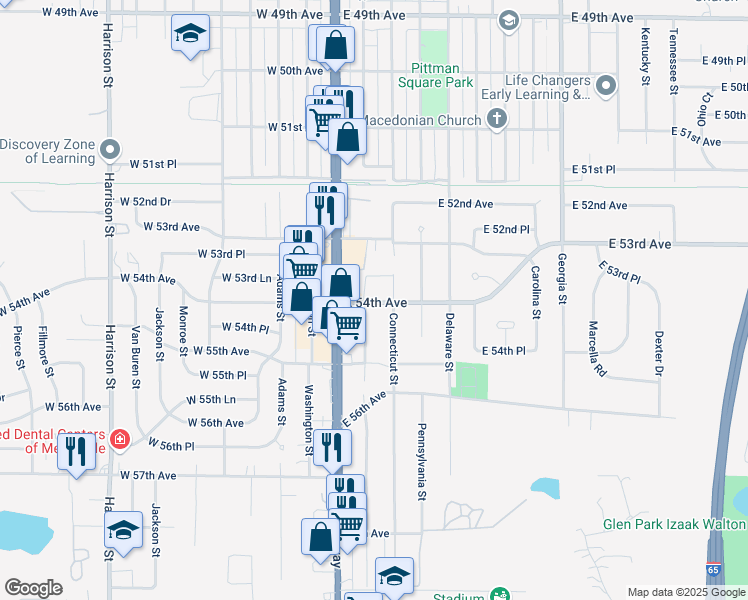 map of restaurants, bars, coffee shops, grocery stores, and more near 5401 Massachusetts Street in Merrillville
