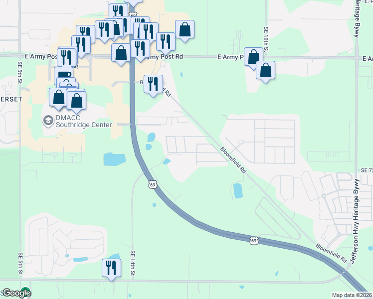 map of restaurants, bars, coffee shops, grocery stores, and more near 6901 Southeast 14th Street in Des Moines