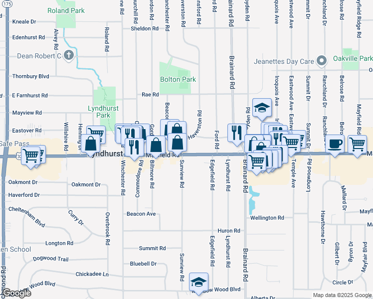map of restaurants, bars, coffee shops, grocery stores, and more near 5487 Mayfield Road in Lyndhurst