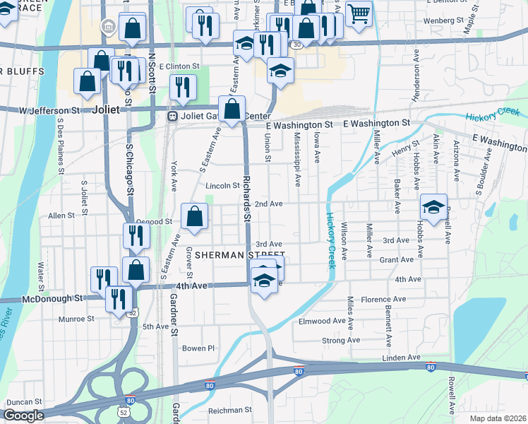 map of restaurants, bars, coffee shops, grocery stores, and more near 203 Union Street in Joliet
