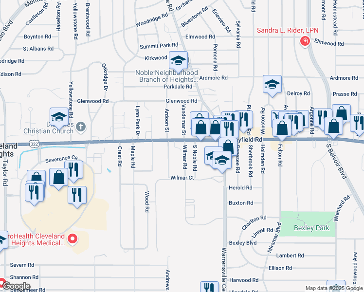 map of restaurants, bars, coffee shops, grocery stores, and more near 3880 Mayfield Road in Cleveland Heights