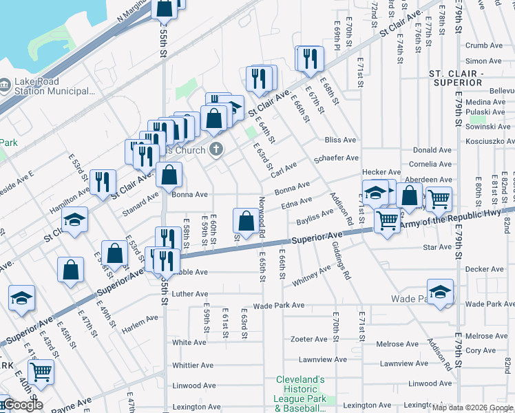 map of restaurants, bars, coffee shops, grocery stores, and more near 6302 Edna Avenue in Cleveland