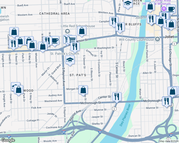 map of restaurants, bars, coffee shops, grocery stores, and more near 127 Illinois Street in Joliet