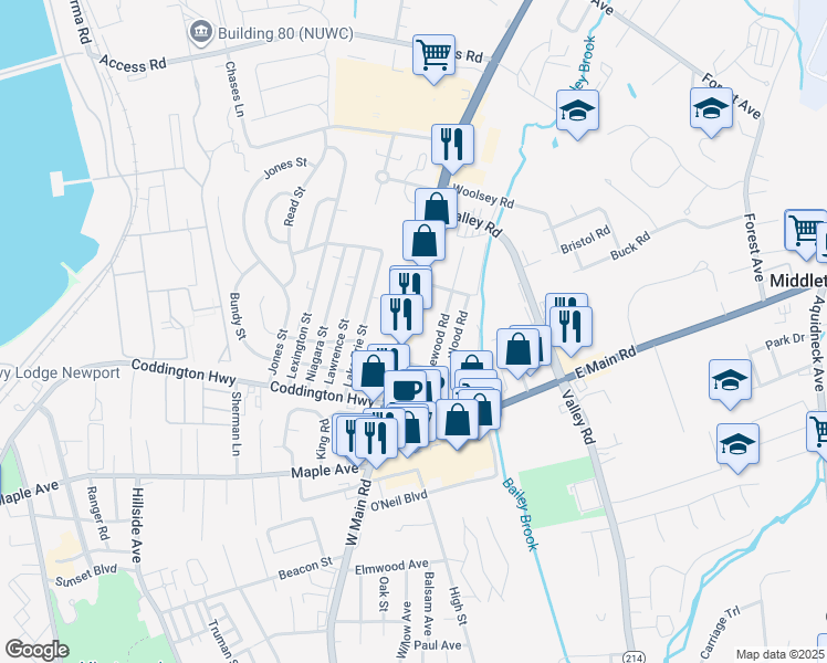 map of restaurants, bars, coffee shops, grocery stores, and more near 641 West Main Road in Middletown