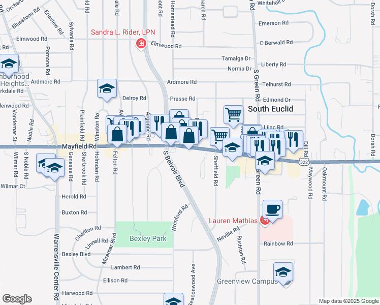 map of restaurants, bars, coffee shops, grocery stores, and more near 4292 Mayfield Road in South Euclid