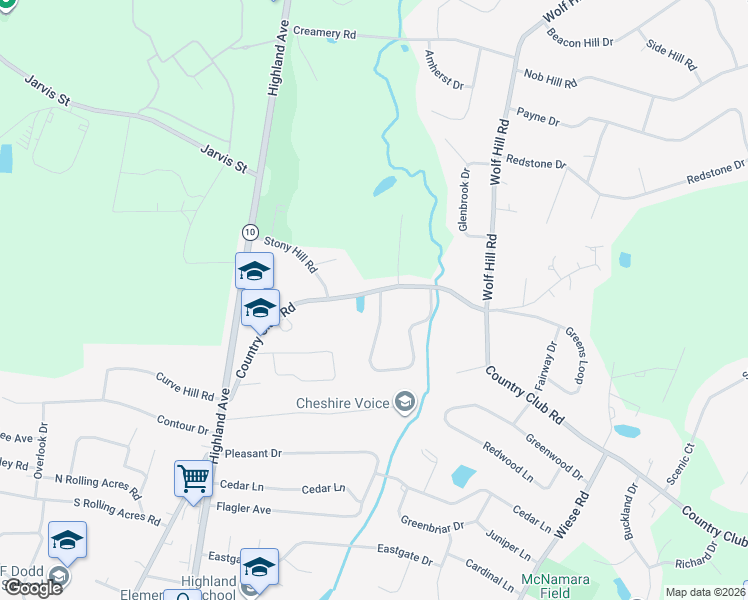 map of restaurants, bars, coffee shops, grocery stores, and more near 10 Round Hill Road in Cheshire