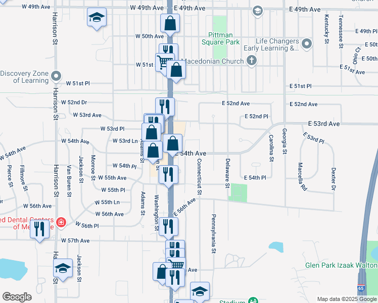 map of restaurants, bars, coffee shops, grocery stores, and more near 5401 Massachusetts Street in Merrillville