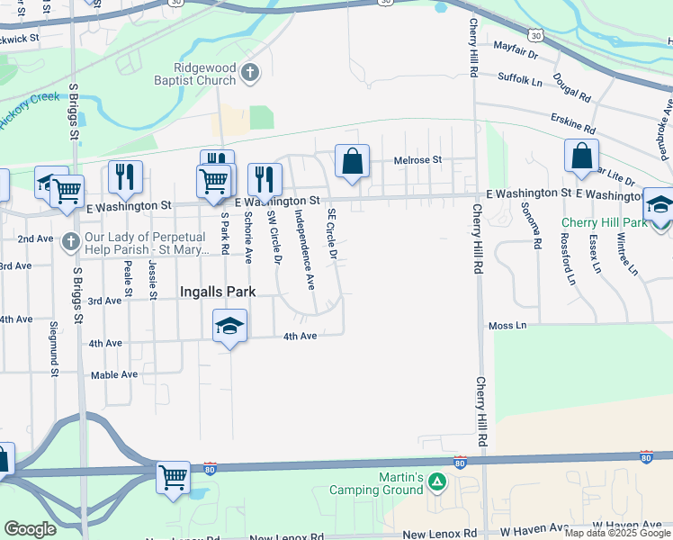 map of restaurants, bars, coffee shops, grocery stores, and more near Innercircle Drive in Crest Hill