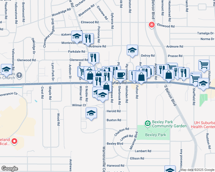 map of restaurants, bars, coffee shops, grocery stores, and more near 1470 Genesee Road in South Euclid