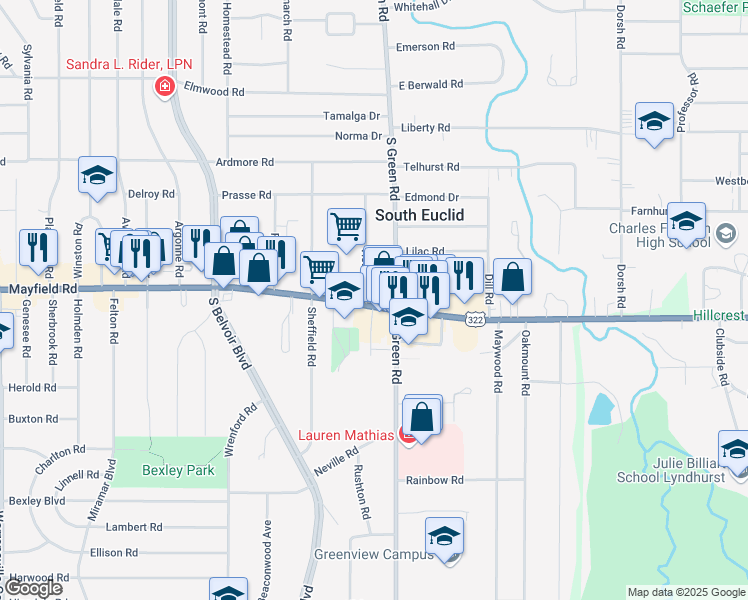 map of restaurants, bars, coffee shops, grocery stores, and more near 4432 Mayfield Road in South Euclid