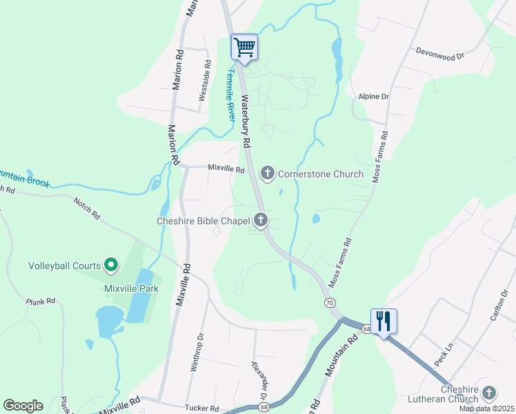 map of restaurants, bars, coffee shops, grocery stores, and more near 1117 Waterbury Road in Cheshire