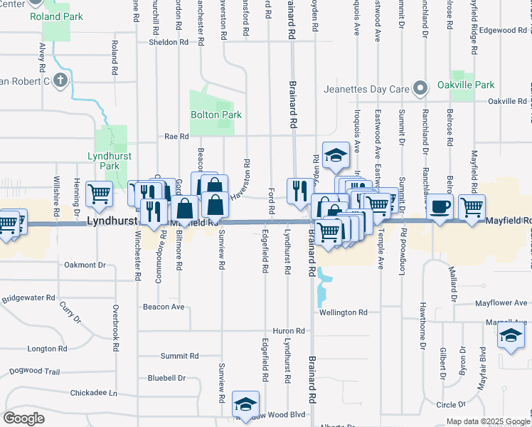 map of restaurants, bars, coffee shops, grocery stores, and more near 1555 Edgefield Road in Lyndhurst