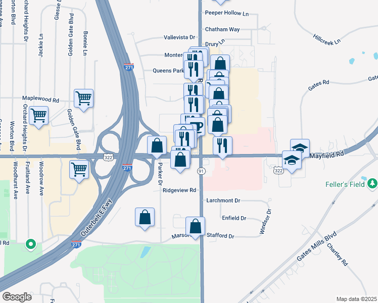 map of restaurants, bars, coffee shops, grocery stores, and more near in Mayfield Heights
