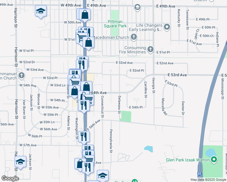 map of restaurants, bars, coffee shops, grocery stores, and more near 5400 Delaware Street in Merrillville