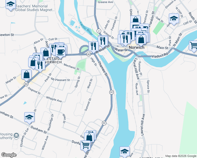 map of restaurants, bars, coffee shops, grocery stores, and more near 69 Summit Street in Norwich