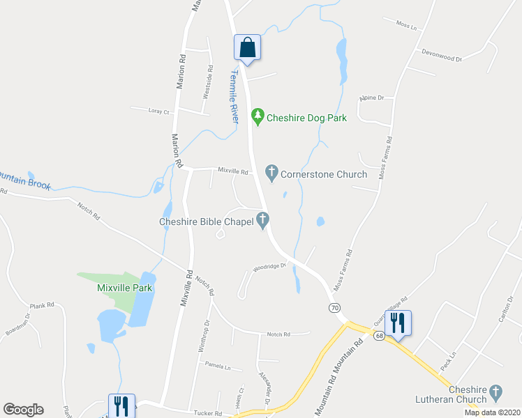 map of restaurants, bars, coffee shops, grocery stores, and more near 1132 Waterbury Road in Cheshire