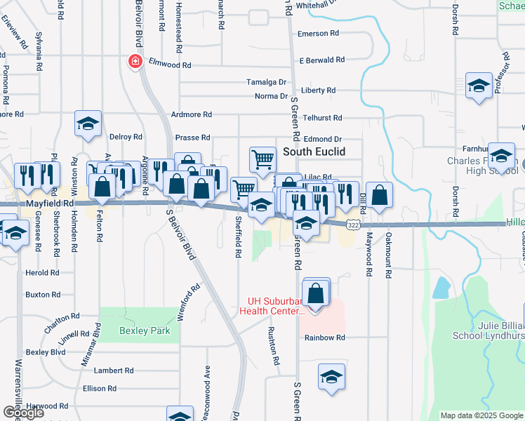 map of restaurants, bars, coffee shops, grocery stores, and more near 4386 Mayfield Road in South Euclid