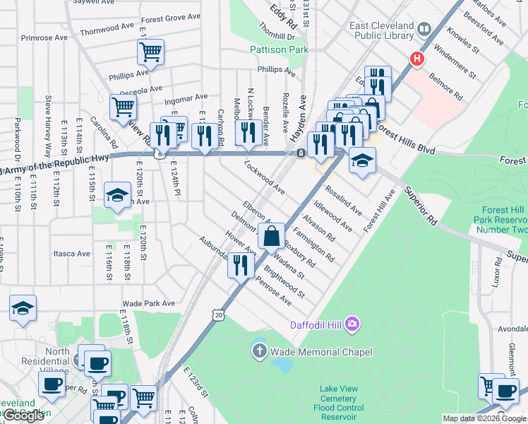 map of restaurants, bars, coffee shops, grocery stores, and more near 1777 Elberon Avenue in East Cleveland