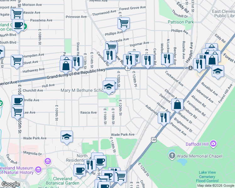 map of restaurants, bars, coffee shops, grocery stores, and more near 1399 East 120th Street in Cleveland