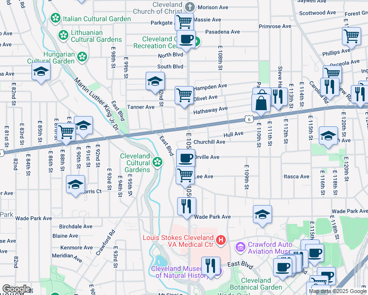 map of restaurants, bars, coffee shops, grocery stores, and more near 1357 East Boulevard in Cleveland