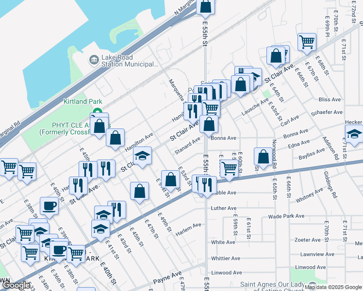 map of restaurants, bars, coffee shops, grocery stores, and more near 5368 Stanard Avenue in Cleveland