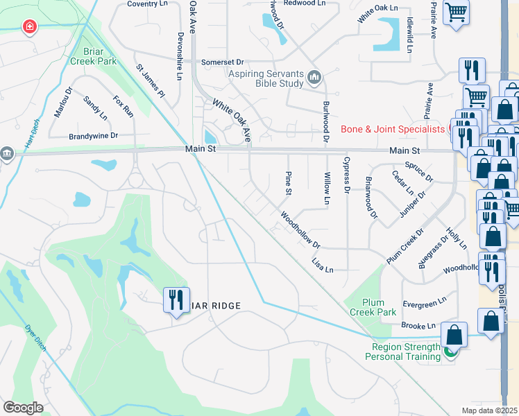 map of restaurants, bars, coffee shops, grocery stores, and more near 1358 Pine Ct in Schererville