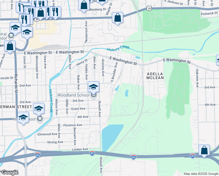 map of restaurants, bars, coffee shops, grocery stores, and more near 208 South Boulder Avenue in Joliet