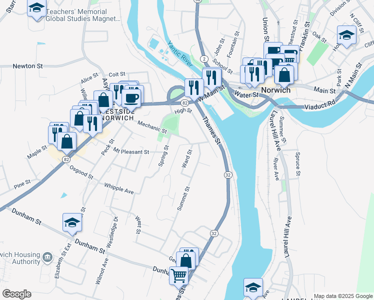 map of restaurants, bars, coffee shops, grocery stores, and more near 29 Ward Street in Norwich