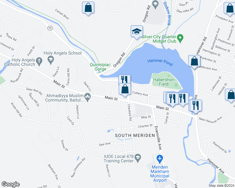 map of restaurants, bars, coffee shops, grocery stores, and more near 16 Sorries Court in Meriden