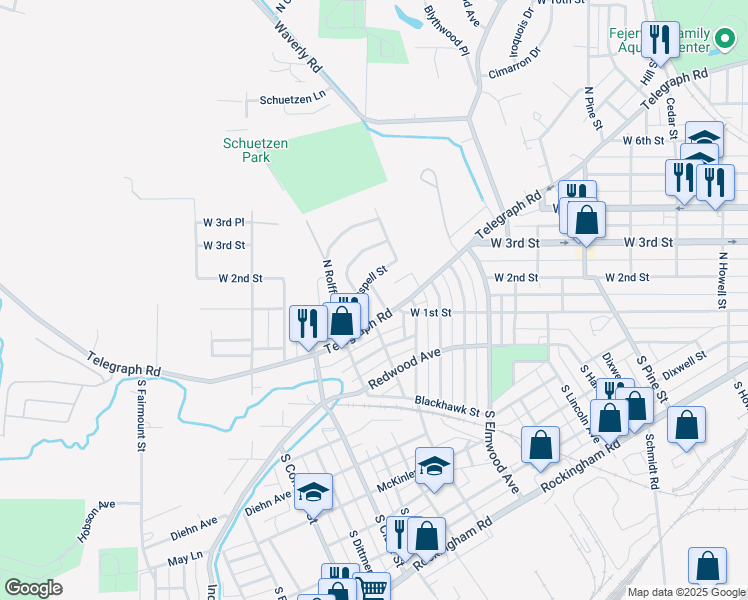 map of restaurants, bars, coffee shops, grocery stores, and more near 118 McManus Street in Davenport