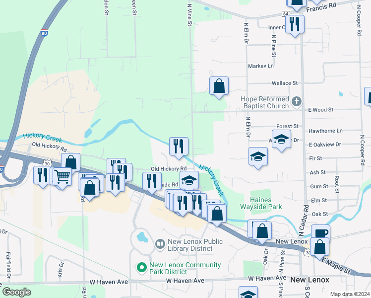 map of restaurants, bars, coffee shops, grocery stores, and more near 985 North Vine Street in New Lenox