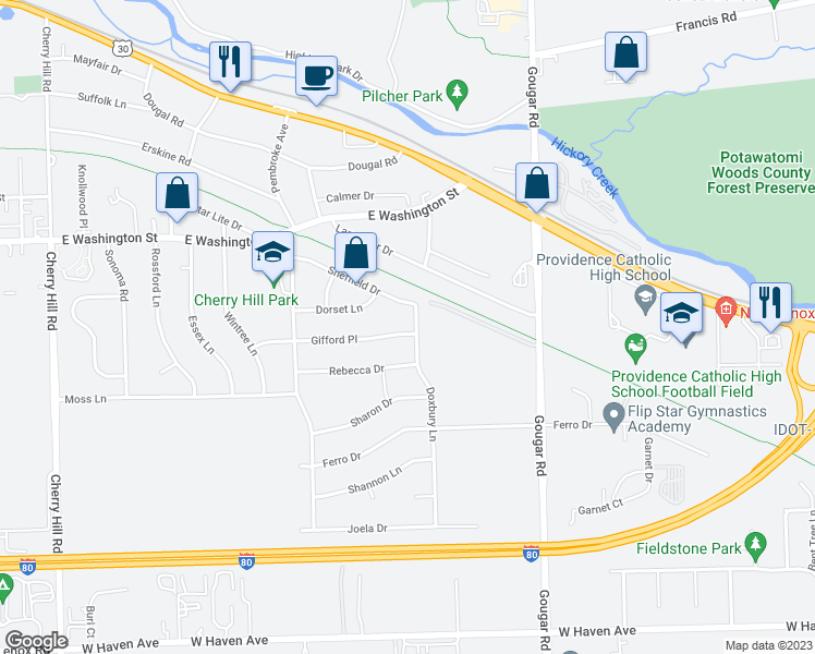 map of restaurants, bars, coffee shops, grocery stores, and more near 2923 Gifford Place in New Lenox
