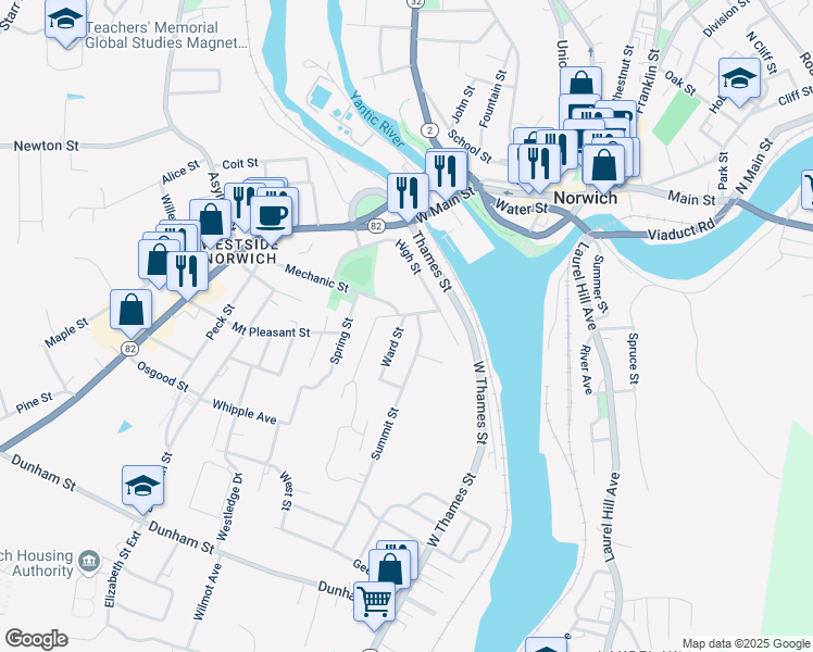 map of restaurants, bars, coffee shops, grocery stores, and more near 69 Summit Street in Norwich