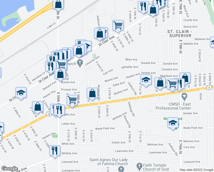 map of restaurants, bars, coffee shops, grocery stores, and more near 6611 Edna Avenue in Cleveland