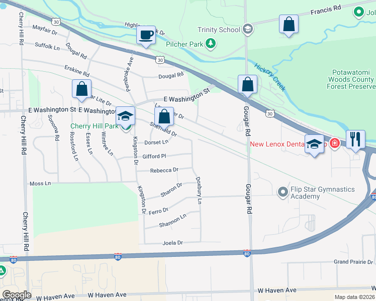 map of restaurants, bars, coffee shops, grocery stores, and more near 2923 Gifford Place in New Lenox