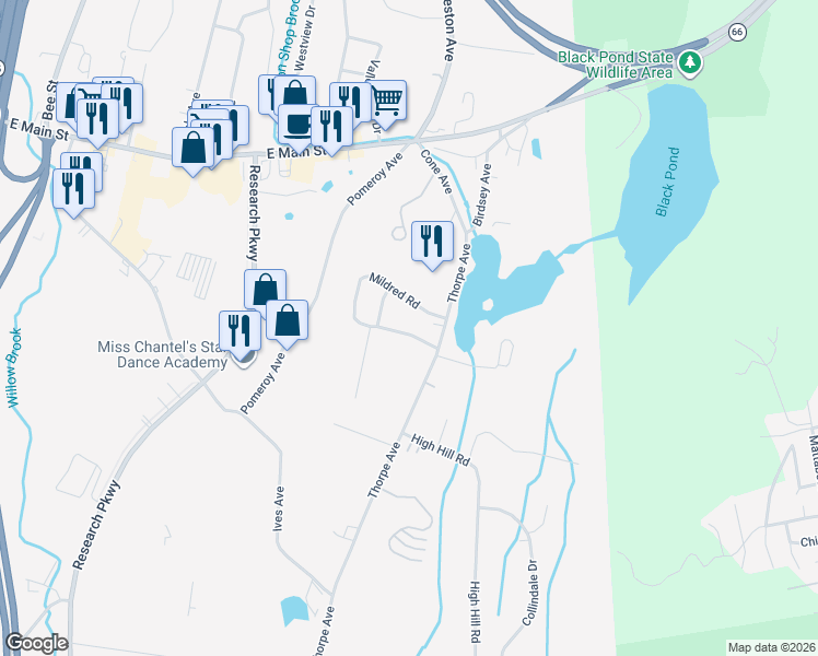 map of restaurants, bars, coffee shops, grocery stores, and more near 189 Mildred Road in Meriden