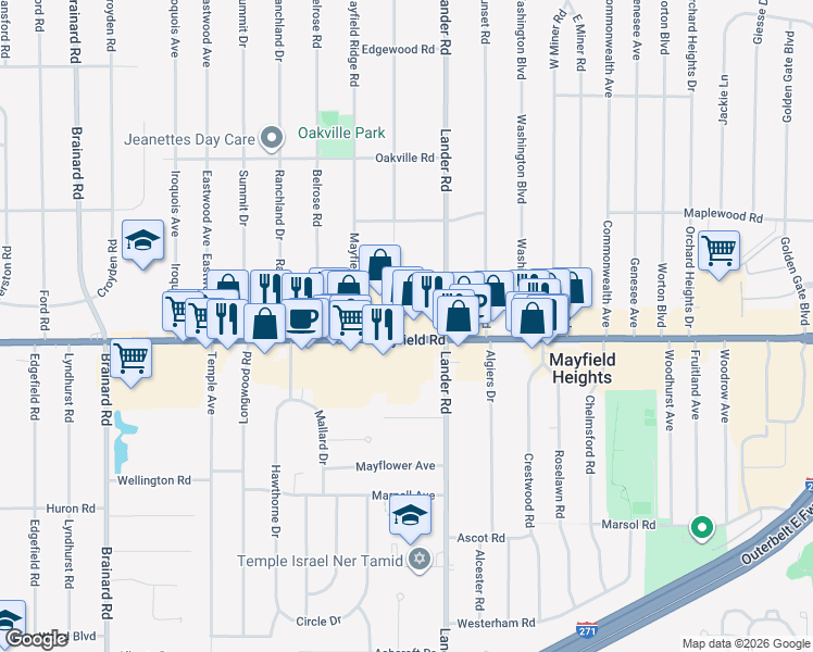map of restaurants, bars, coffee shops, grocery stores, and more near 5945 Mayfield Road in Mayfield Heights