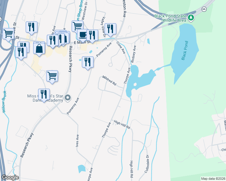 map of restaurants, bars, coffee shops, grocery stores, and more near 189 Mildred Road in Meriden