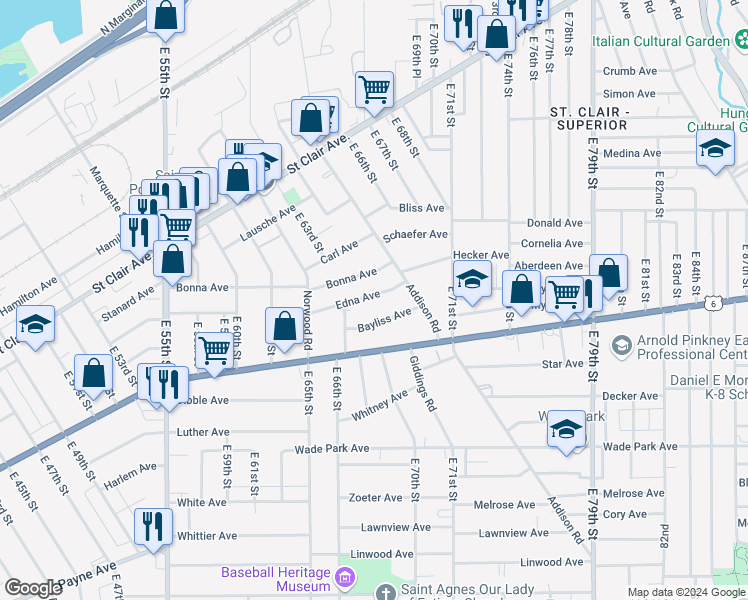 map of restaurants, bars, coffee shops, grocery stores, and more near 1249 East 67th Street in Cleveland
