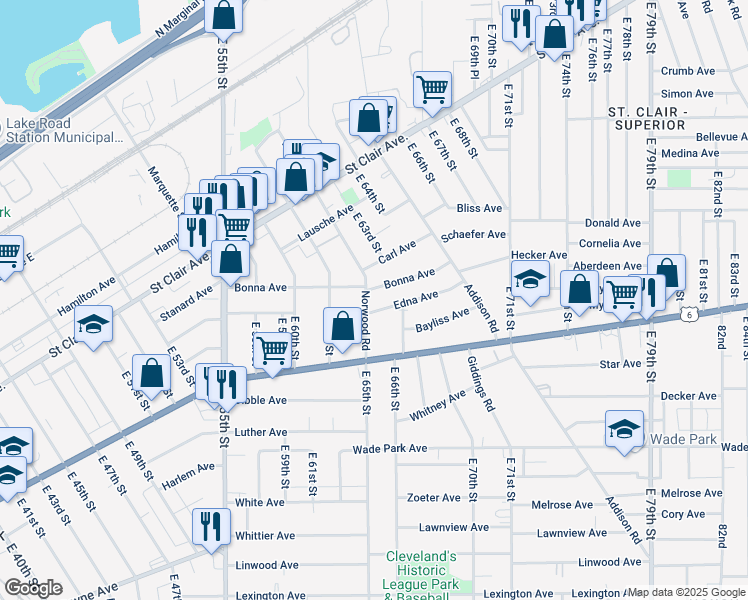 map of restaurants, bars, coffee shops, grocery stores, and more near 6518 Edna Avenue in Cleveland
