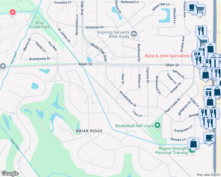 map of restaurants, bars, coffee shops, grocery stores, and more near 1358 Pine Ct in Schererville