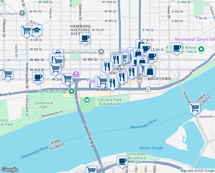map of restaurants, bars, coffee shops, grocery stores, and more near 421 West River Drive in Davenport