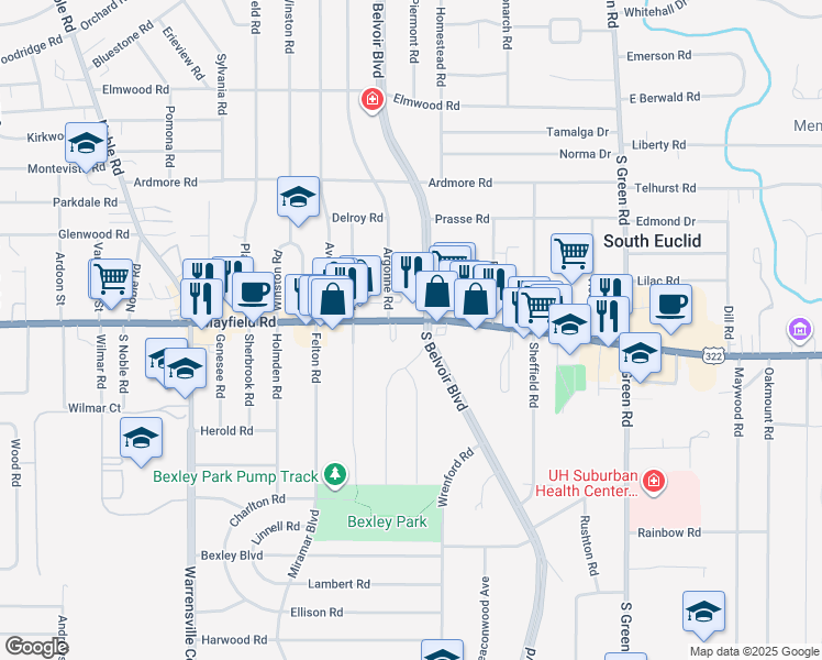 map of restaurants, bars, coffee shops, grocery stores, and more near 1474 Westdale Road in South Euclid