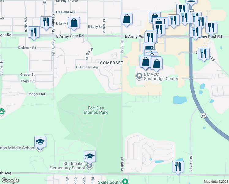 map of restaurants, bars, coffee shops, grocery stores, and more near 453 East Burnham Avenue in Des Moines