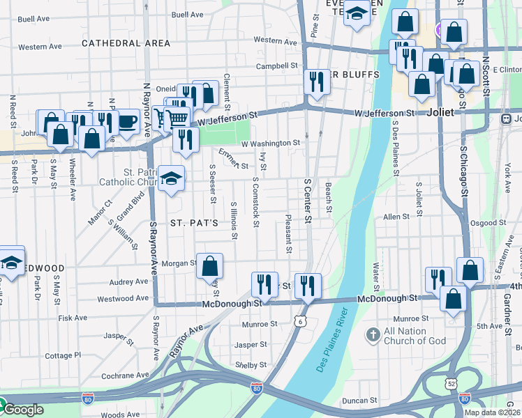 map of restaurants, bars, coffee shops, grocery stores, and more near 201 Hyde Park Avenue in Joliet