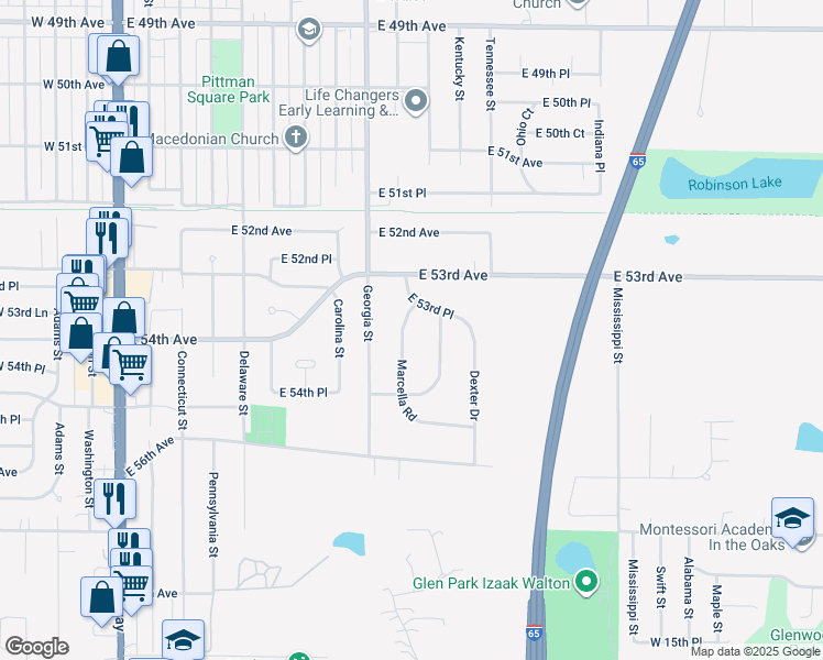 map of restaurants, bars, coffee shops, grocery stores, and more near 5351 Marcella Road in Merrillville