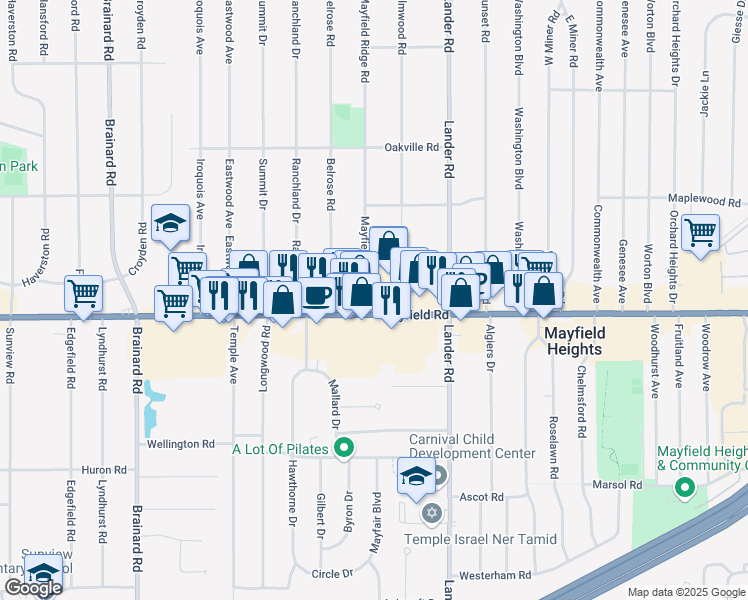 map of restaurants, bars, coffee shops, grocery stores, and more near 5931 Mayfield Road in Mayfield Heights