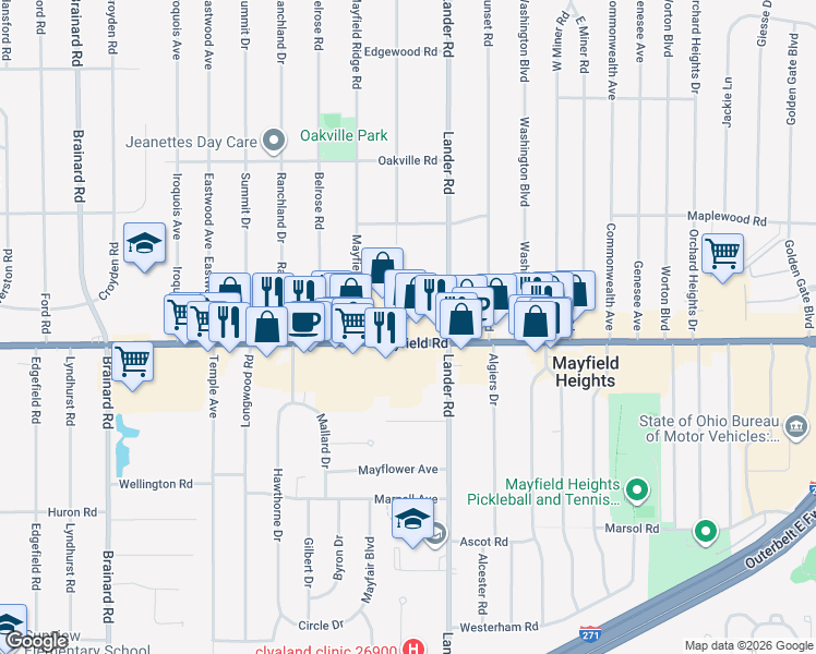 map of restaurants, bars, coffee shops, grocery stores, and more near 5945 Mayfield Road in Mayfield Heights