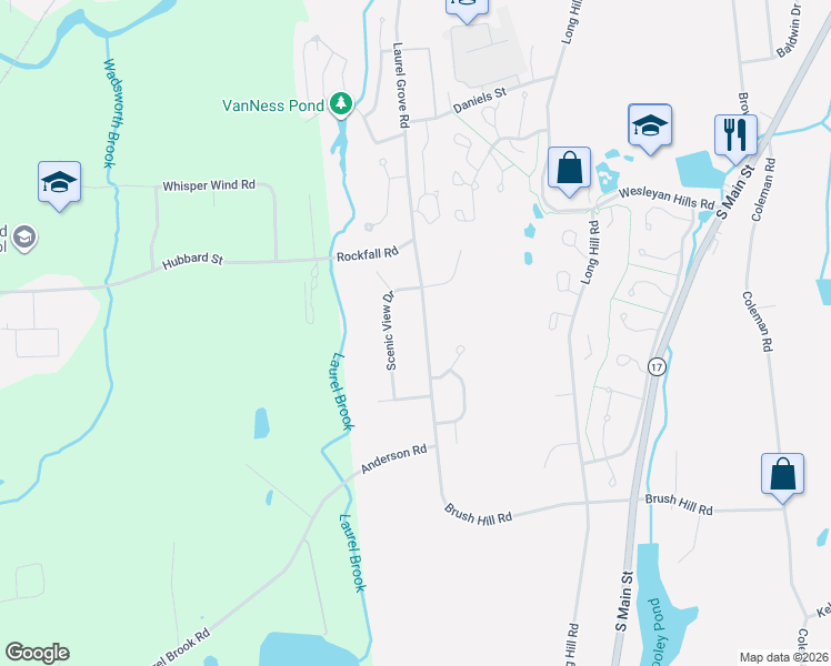 map of restaurants, bars, coffee shops, grocery stores, and more near 56 Scenic View Drive in Middletown