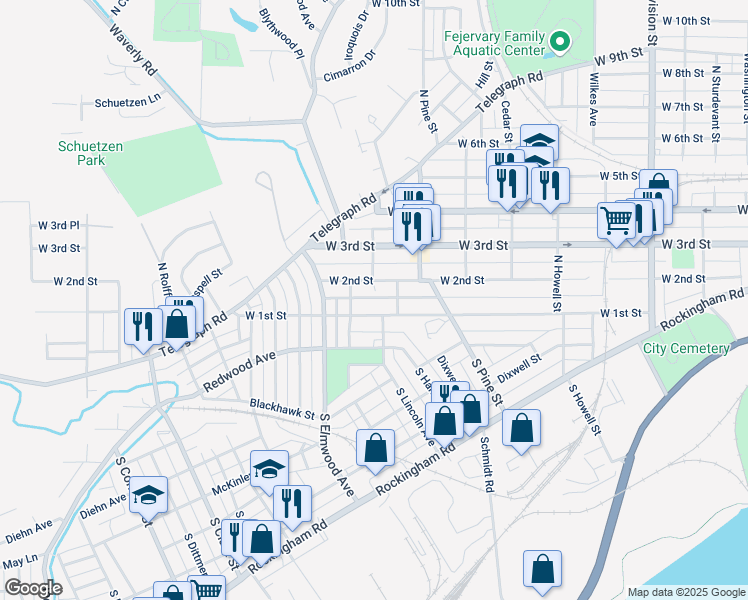 map of restaurants, bars, coffee shops, grocery stores, and more near 2312 1/2 West 1st Street in Davenport